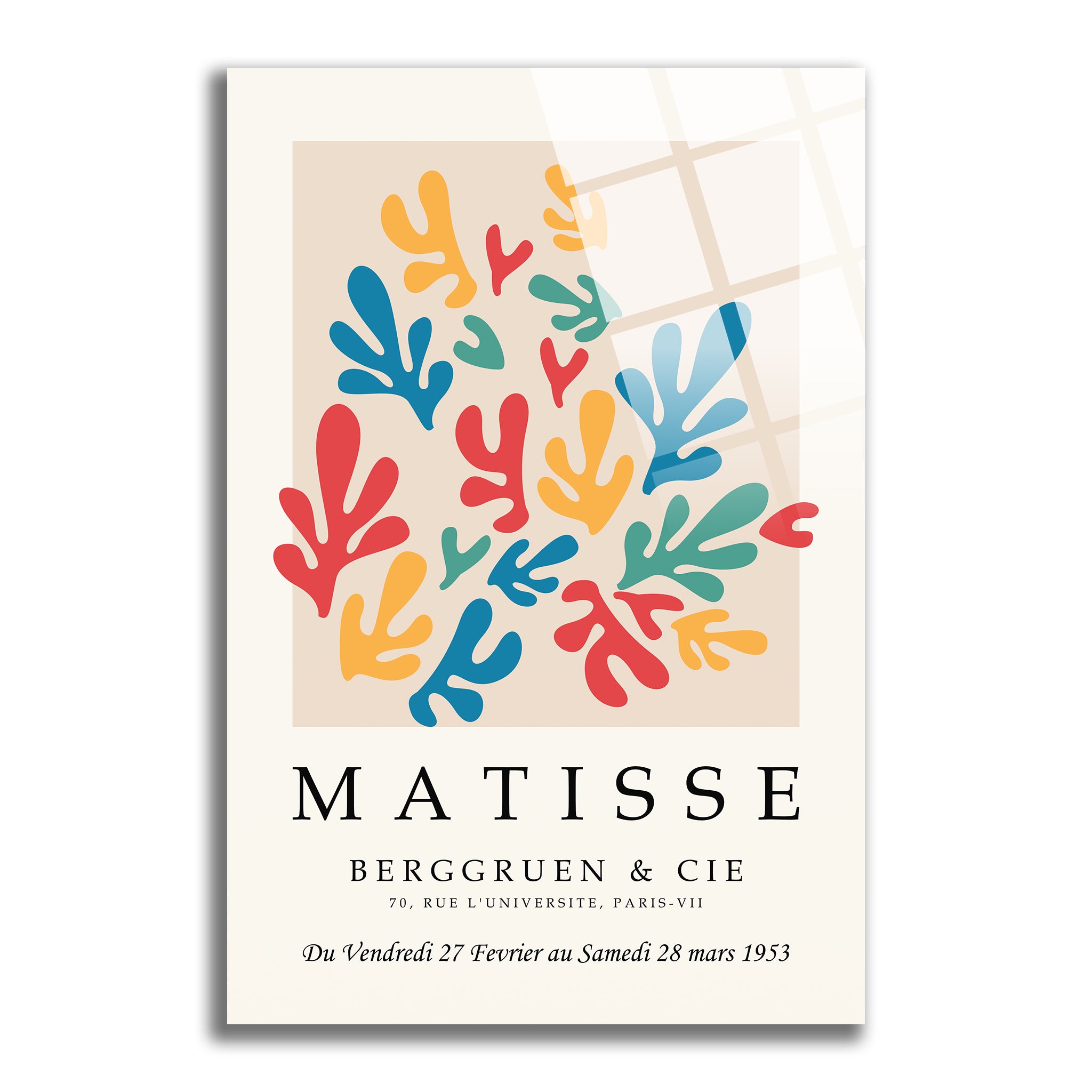 Matisse esintili renkli yaprak desenli modern poster cam tablo