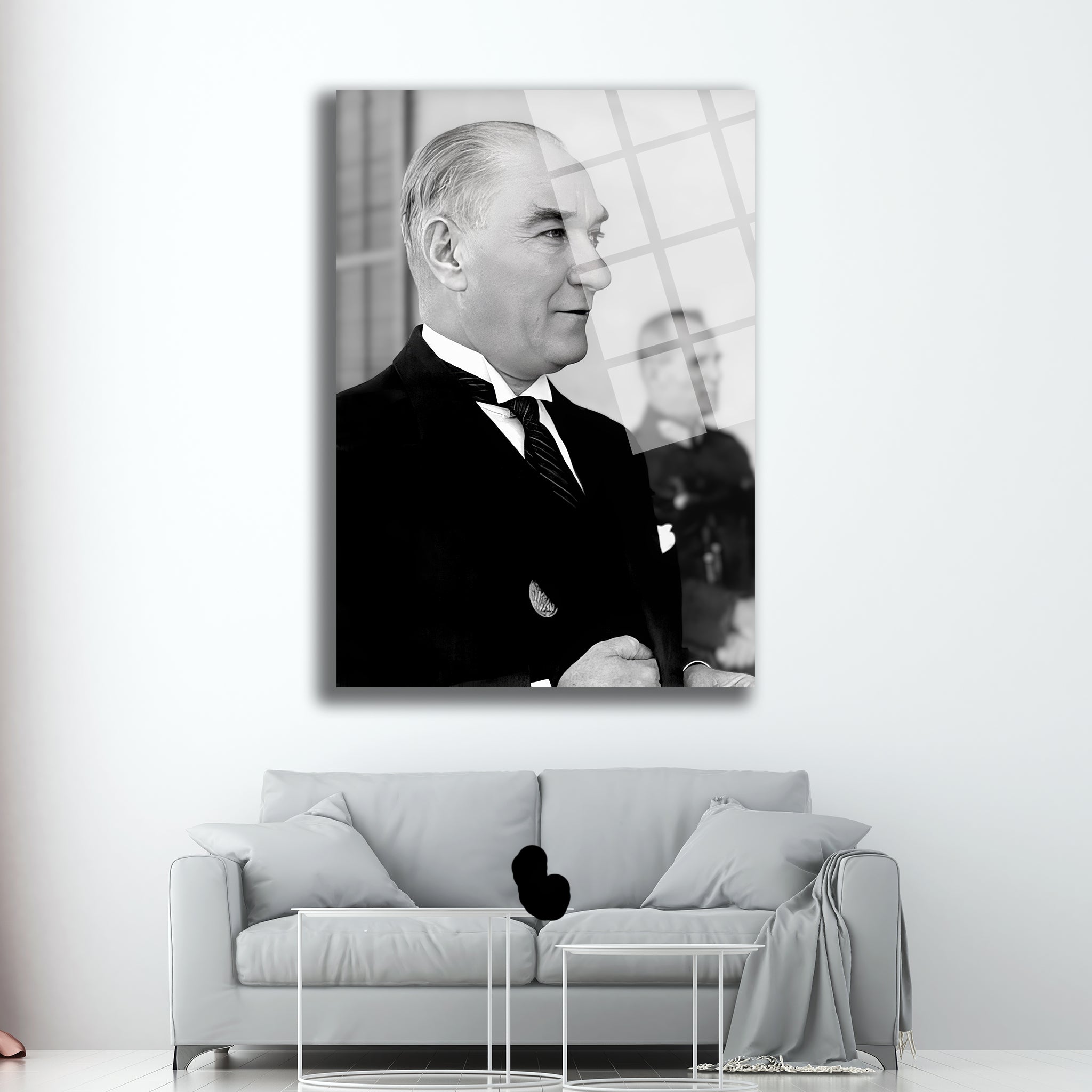 Siyah Beyaz Atatürk Portre Cam Tablo