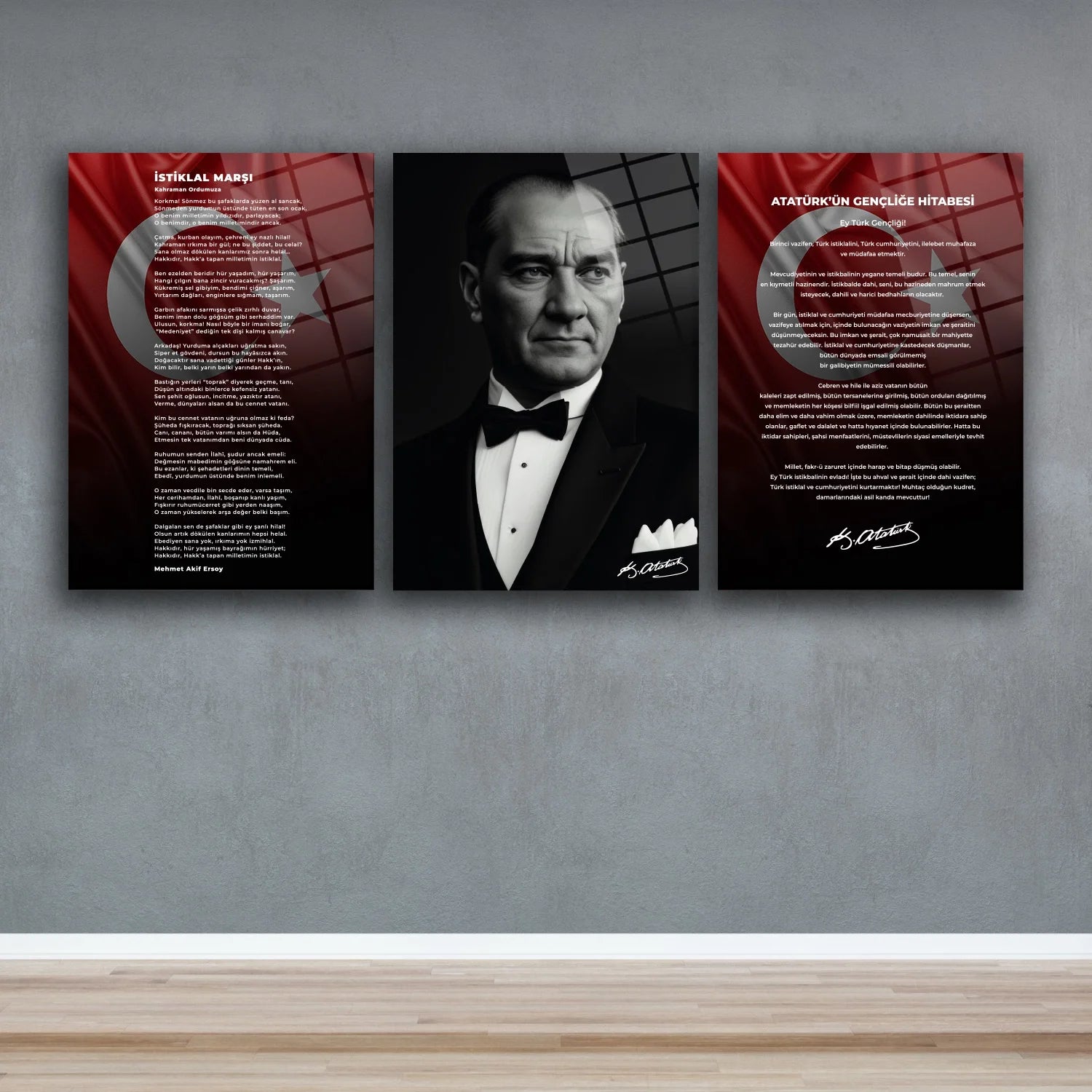 Okullar İçin Atatürk Köşesi 3’lü Set Cam Tablo