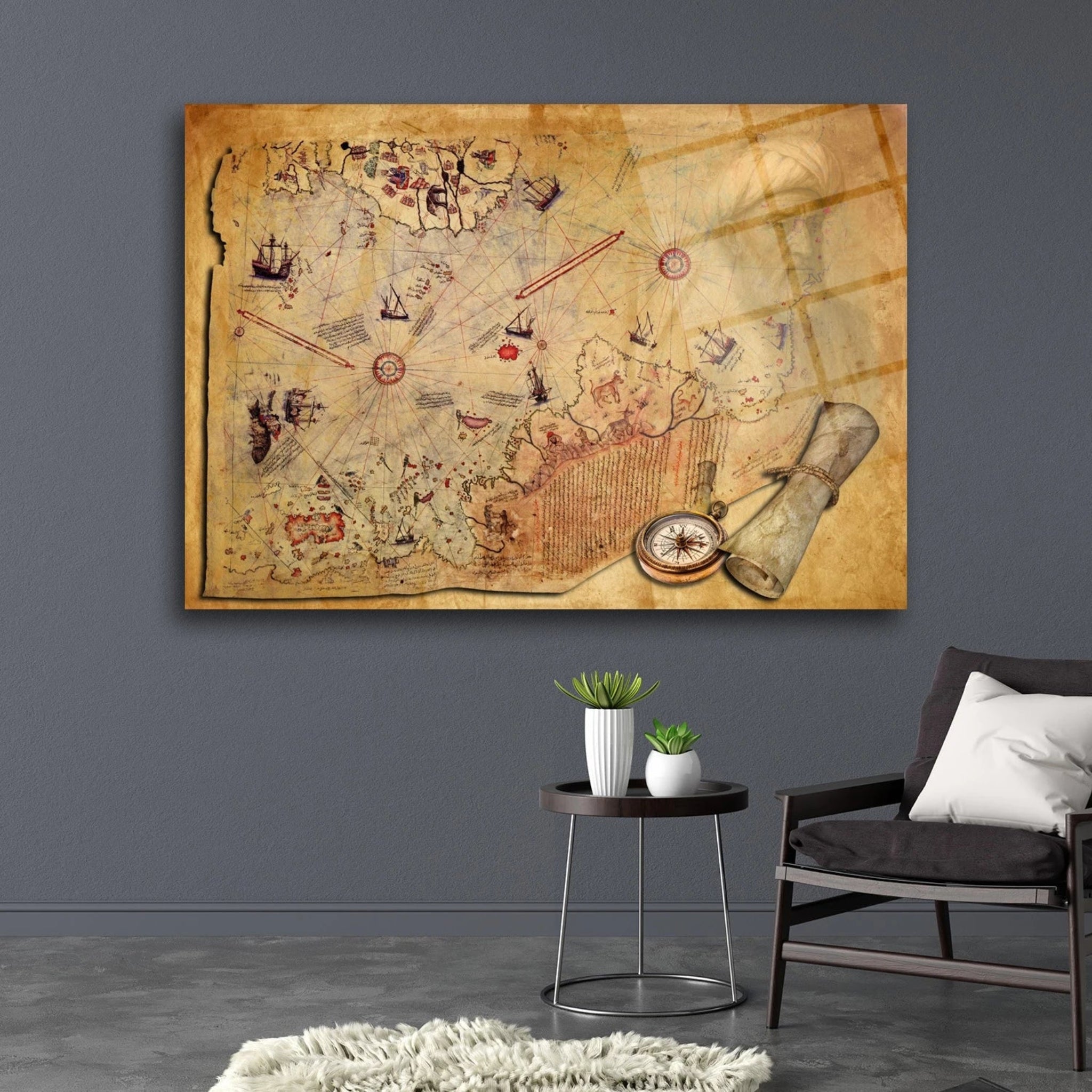Piri Reis haritası tasarımlı dekoratif cam tablo